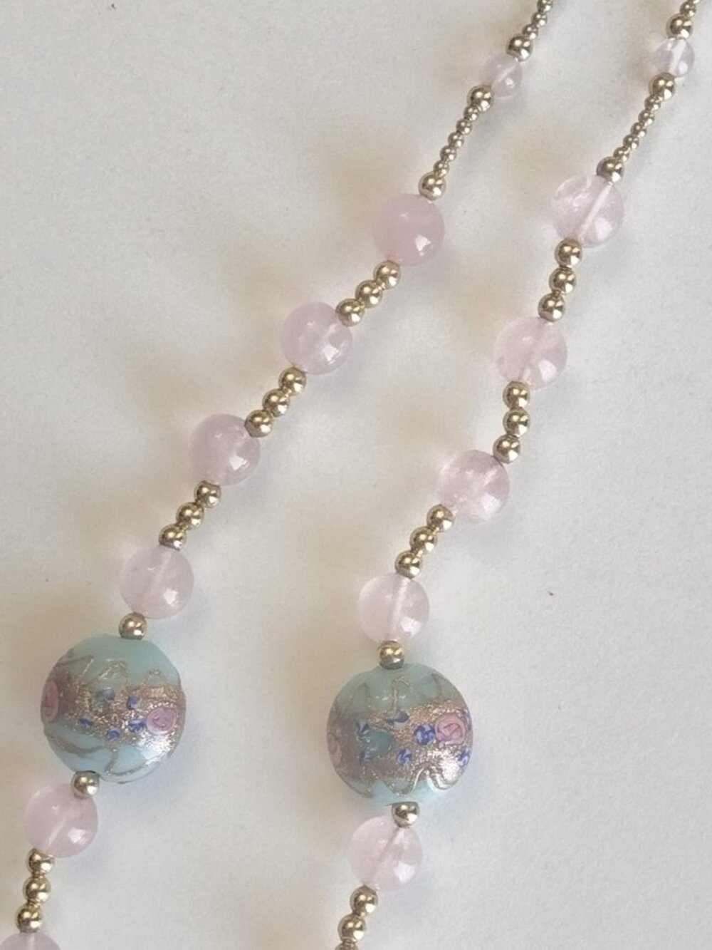 Vintage Murano Venetian Aqua Glass Gold Foil Bead Necklace Rose Quartz Beads - Picture 3 of 15